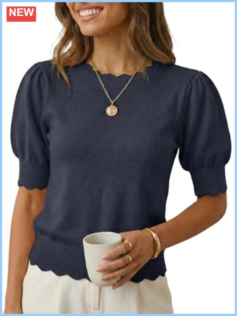 Short Sleeve Sweater Women Pullover Knit Scalloped Crewneck Puff Sleeve Viscose